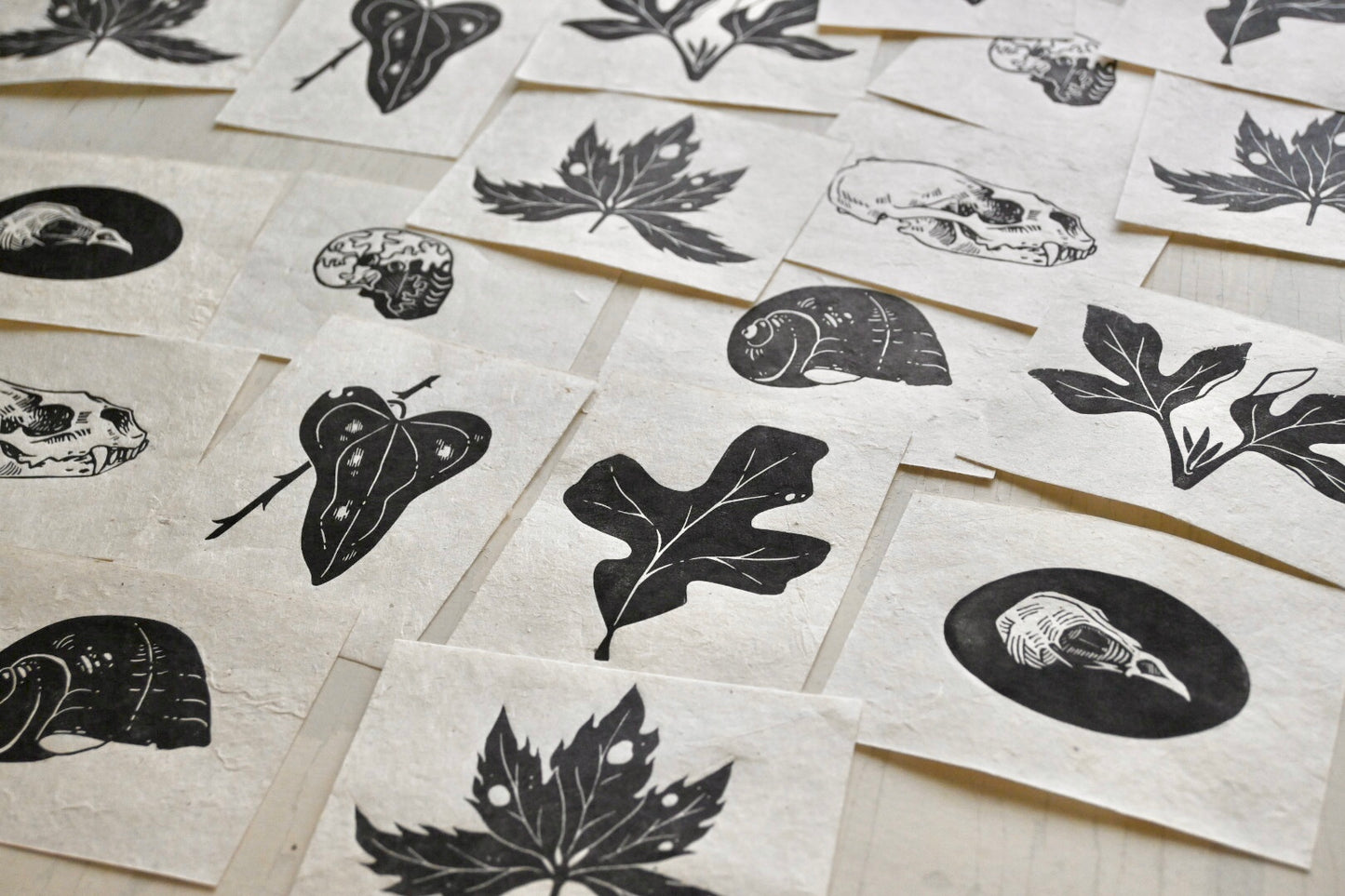 Mini Nature Prints ✦ Leaves Skulls Shells ✦ Linocut