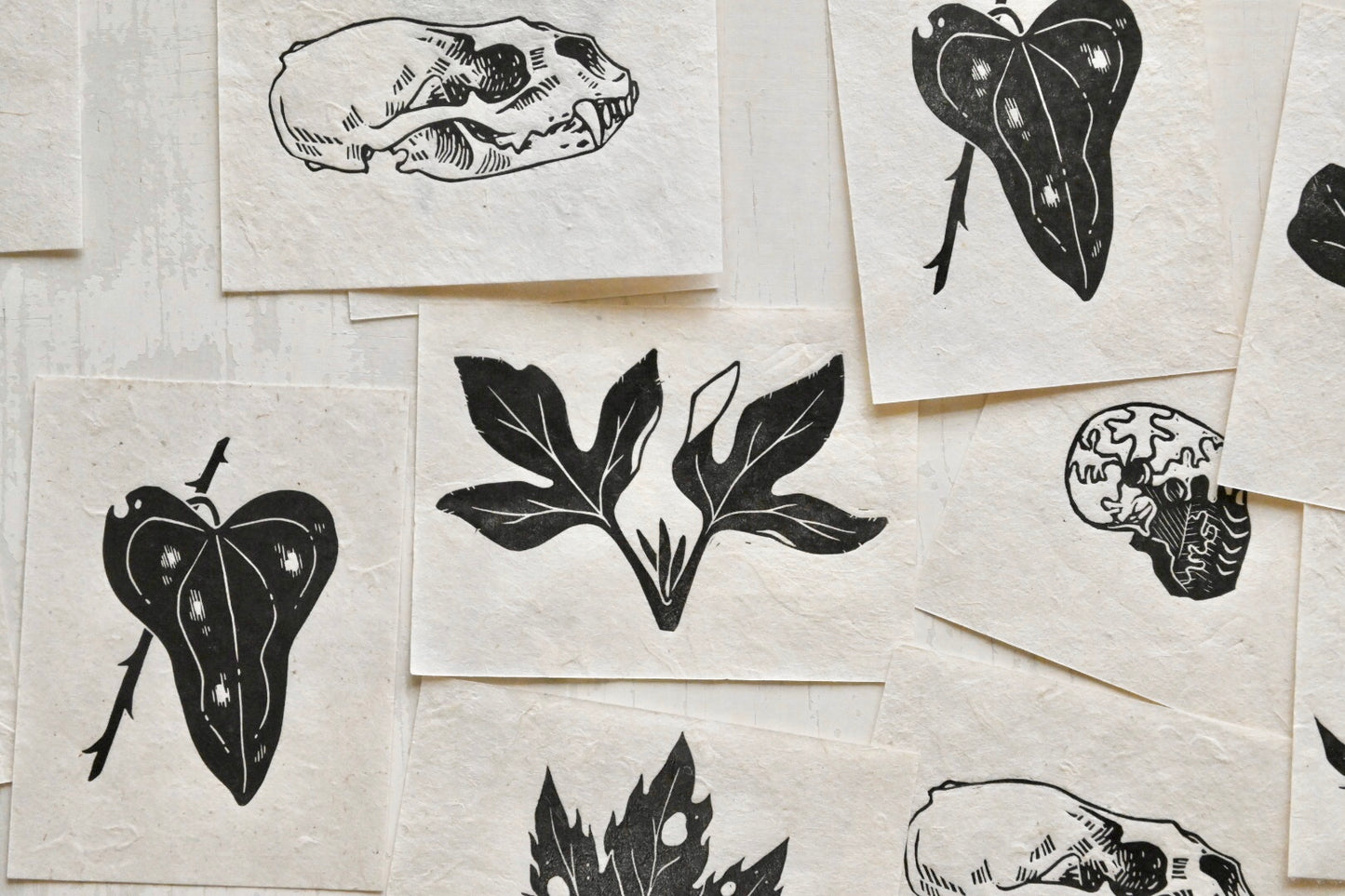 Mini Nature Prints ✦ Leaves Skulls Shells ✦ Linocut