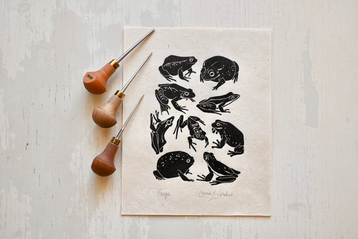 Frogs ✦ Linocut Print ✦ Dumpy Tree Frog - Leopard Frog - Pixie Frog - Green Tree Frog - Fungoid Frog - Rain Frog