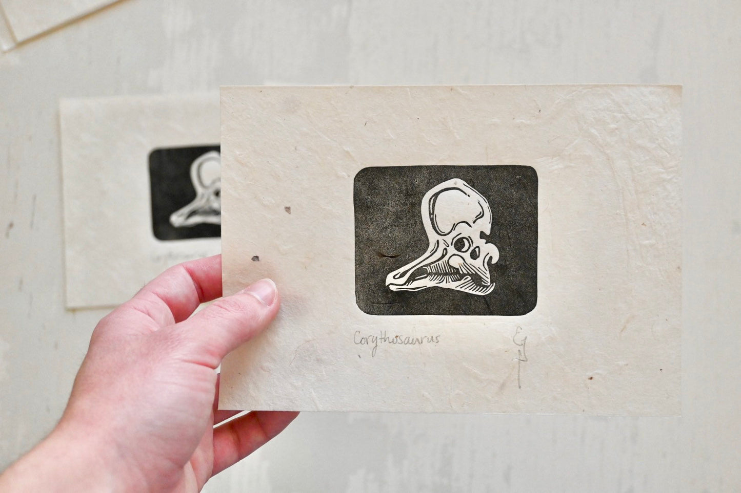 Corythosaurus ✦ Hadrosaur Dinosaur Fossil Skull ✦ Linocut Print
