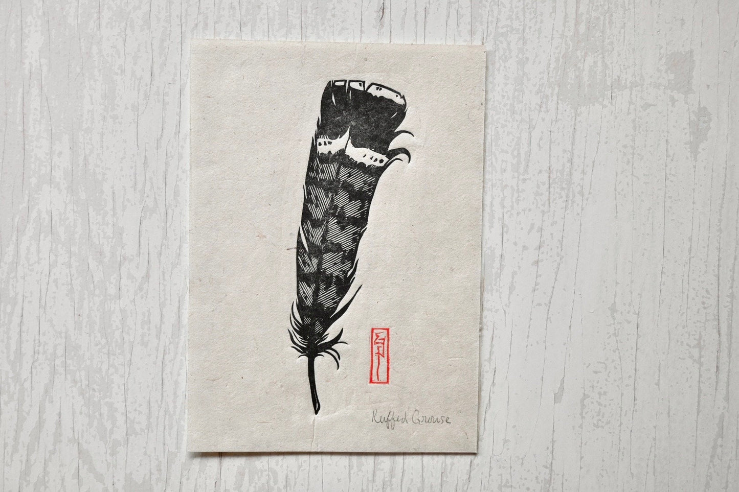 Ruffed Grouse Feather ✦ Linocut Print